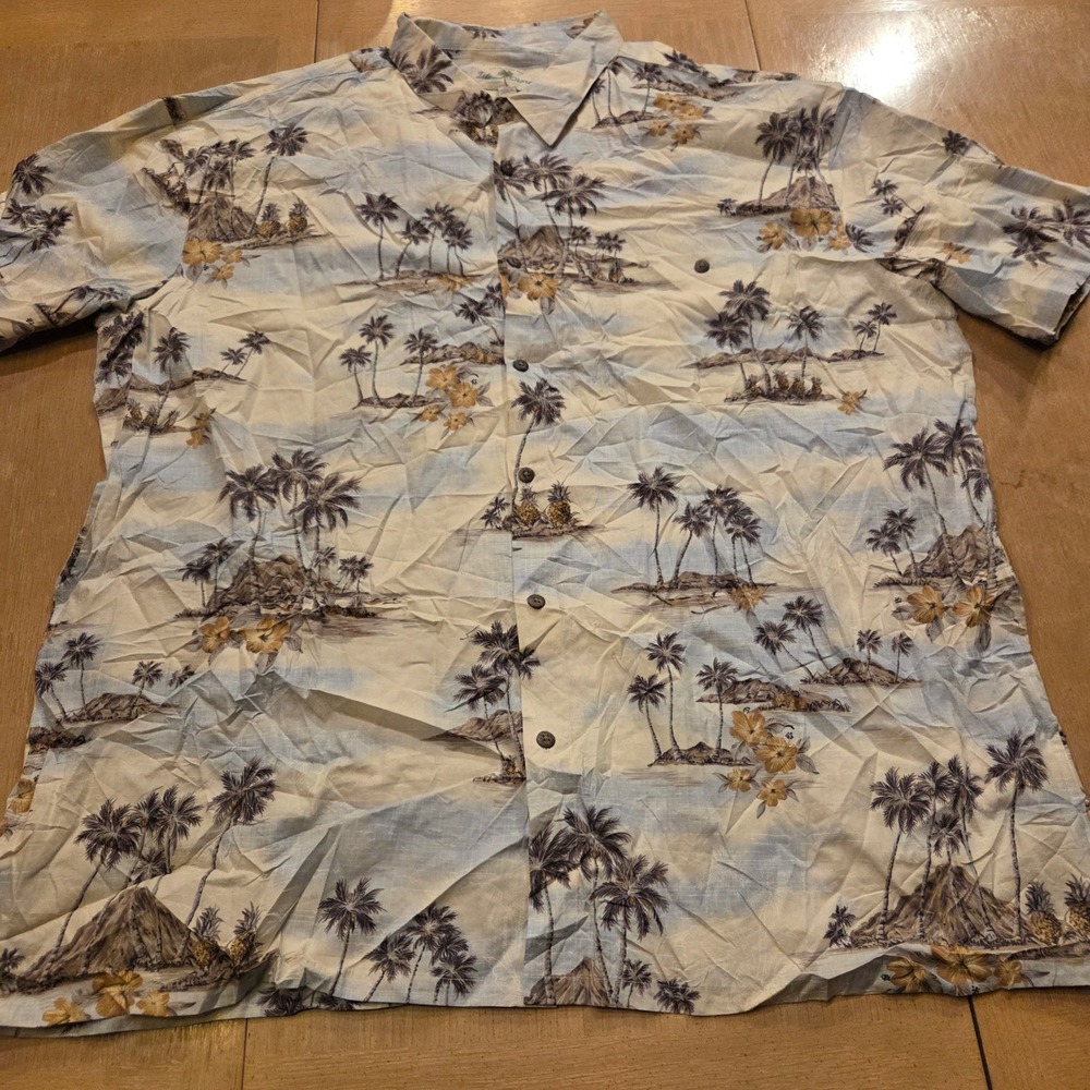 Island‎ Shores Mens XXL Hawaiian Shirt Blue Natural Scenic Palm Tree Cotton NWT